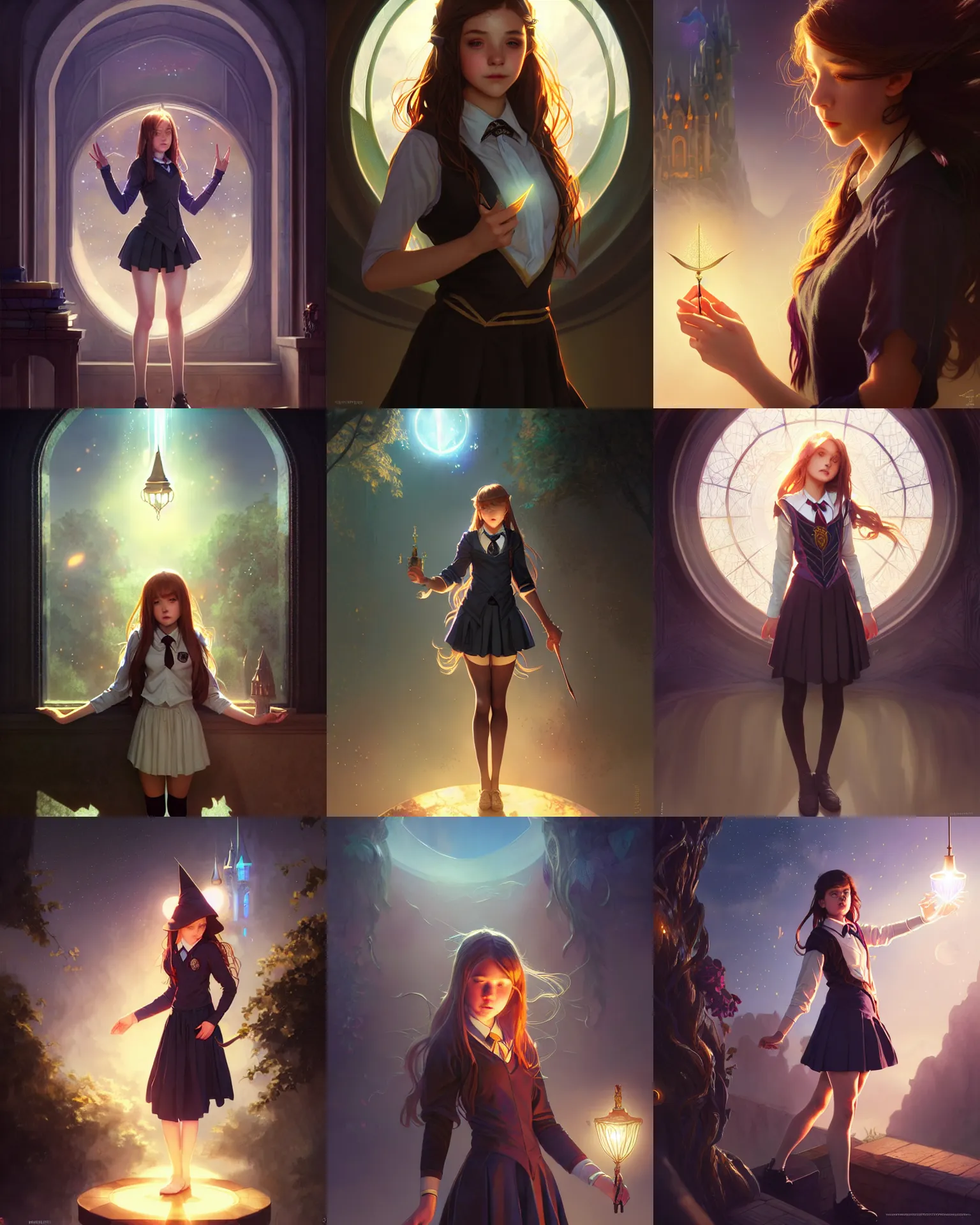 Prompt: out of town college girl, magic school uniform, fantasy building, sorceress, dark light night, intricate, elegant, sharp focus, lens flare, bloom, rim light, illustration, highly detailed, digital painting, concept art, matte, art by wlop and artgerm and greg rutkowski and alphonse mucha, masterpiece