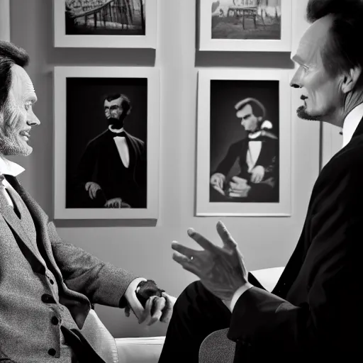 Prompt: black and white photo of Abraham Lincoln being interviewed by Conan O'Brien, in the style of a Corbis archival photo, Nikon D810 | ISO 64 | focal length 20mm (Voigtländer 20mm f3.5) | Aperture f/9 | Exposure Time 1/40 Sec (DRI)