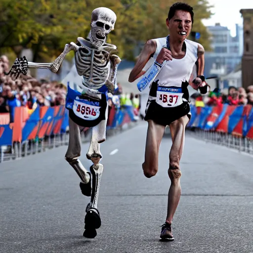 Prompt: A skeleton winning a marathon, a skeleton running in a marathon, associated press photo, award winning photograph, dynamic pose, 8k, award-winning, sharp focus