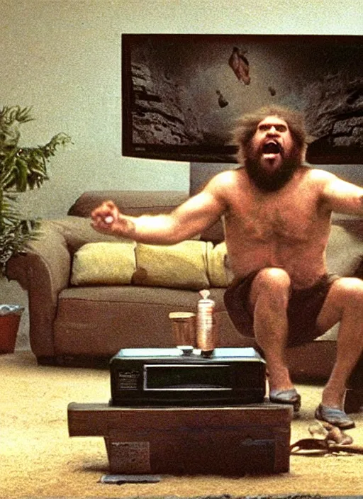 Prompt: old photo of a caveman watching a Geico commercial, yelling at the TV