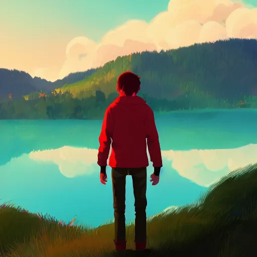 Prompt: teen boy, red hair, hills in the background, lake, artstation, highly detailed, vibrant, by makoto shinkai and thomas kindle and James gilleard