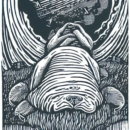 Image similar to freya the walrus in heaven, linocut