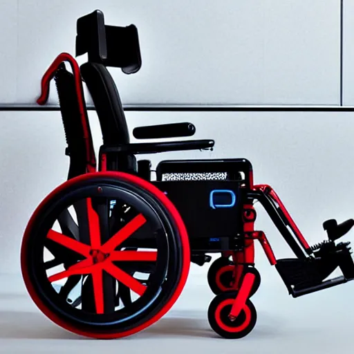 Image similar to a cyberpunk electric wheelchair with a computer stand