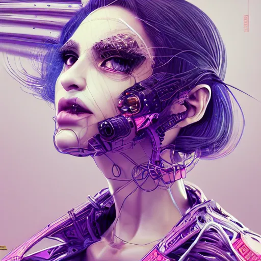Image similar to the portrait of an absurdly beautiful, graceful, elegant, sophisticated, fashionable cyberpunk gravure idol, an ultrafine hyperdetailed illustration by kim jung gi, irakli nadar, intricate linework, bright colors, porcelain skin, unreal engine 5 highly rendered, ai concept art, global illumination, radiant light, detailed and intricate environment