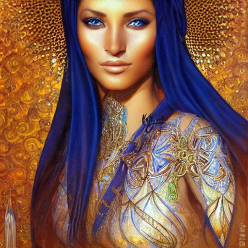 Image similar to a beautiful touareg algerian woman by karol bak, ayami kojima, artgerm, sakimichan, arabian beauty, blue eyes, smile, concept art, fantasy