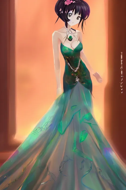 Image similar to Anime sad princess in full figure wearing an exotic evening gown and jade necklace, evening, detailed painting, WLOP, Artstation