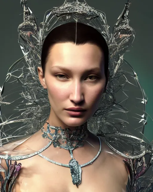 Prompt: a highly detailed metahuman 8 k close up render of bella hadid as alice in wonderland renaissance in iris van herpen dress schiaparelli in diamonds crystals swarovski and jewelry iridescent in style of alphonse mucha gustav klimt trending on artstation made in unreal engine 4