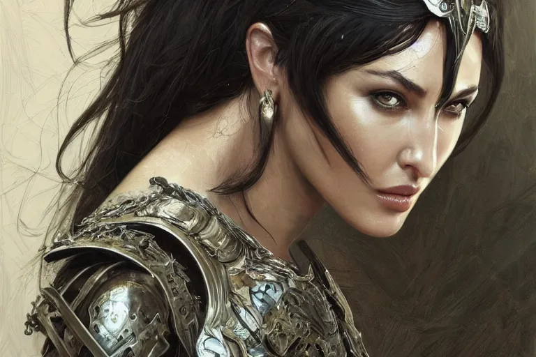 Image similar to a finely detailed portrait of Monica Bellucci, clothed in battle armor, olive skin, long dark hair, beautiful bone structure, symmetrical facial features, intricate, elegant, digital painting, trending on Artstation, concept art, smooth, sharp focus, illustration, from Metal Gear by Ruan Jia and Mandy Jurgens and Artgerm and and william-adolphe bouguerea, award winning
