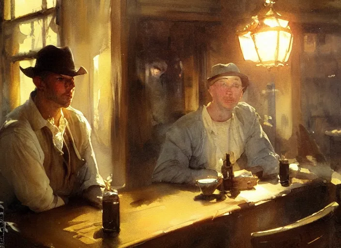 Image similar to oil watercolor painting of young guy in western bar, mysterious light, art by anders zorn, wonderful masterpiece by greg rutkowski, beautiful cinematic light, american romanticism by greg manchess, creation by tyler edlin