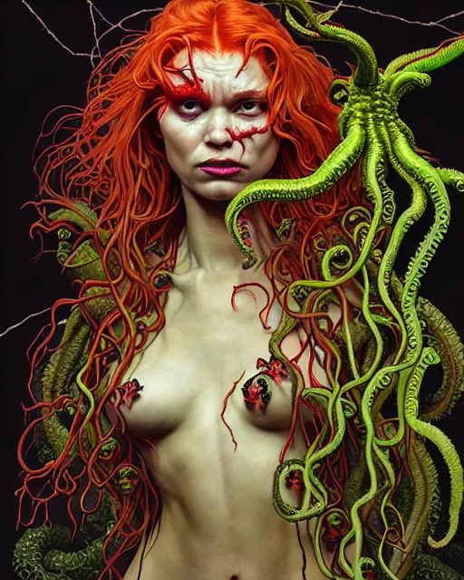 Image similar to closeup portrait the platonic ideal of flowers and roots of cletus kasady, venom, poison ivy, ultimate beautiful succubus medusa, cthulhu, intricate, hyperrealism, intense, dmt, artgerm, moebius, greg rutkowski, dan mumford, alphonse mucha