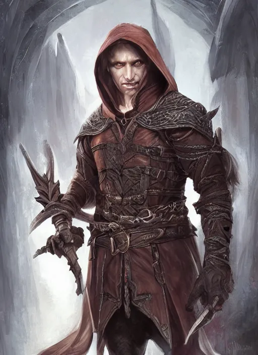 Image similar to a serious hooded half elf middle aged male rogue, strong, full body, 8 k, hyperrealistic, lowlife, ruffian, hyperdetailed, fantasy portrait by laura sava