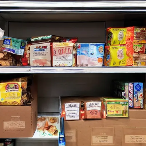 Prompt: a display case of boxes of suddenly sad food product at a grocery store