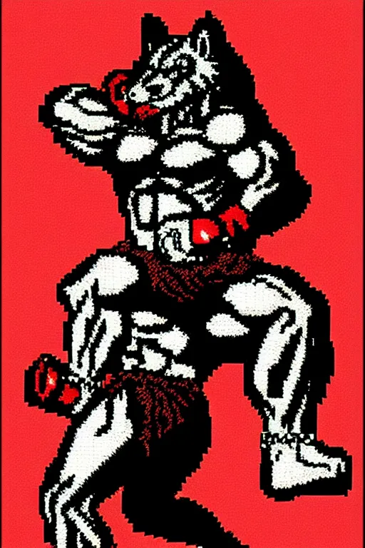 Image similar to extreme long shot. 8 bit nes graphics. hermann nitschantropomorphic muscular masculine wolf. kickboxer fighter, in shorts. wolf head. art from nes game cartridge,