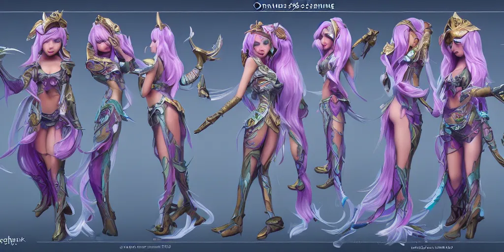 Image similar to Character sheet of gorgeous ocean song seraphine (League of Legends). 3d render, octane render, game art, realistic, highly detailed, trending on artstation, 4k, trending on artstation, pixar, cgsociety, unreal engine 5, redshift render, trending on artstation, blender, behance, cg