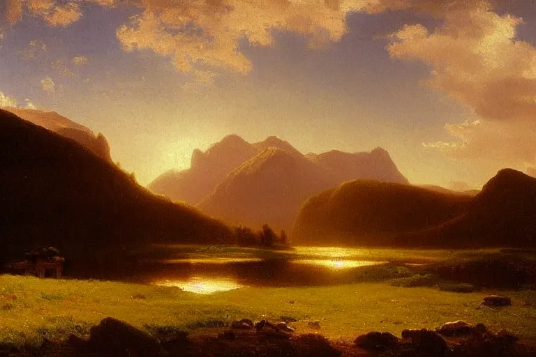 Image similar to a beautiful oil painting of a Scottish Highland landscape, evening light, by Albert Bierstadt, beautiful light, detailed, dramatic