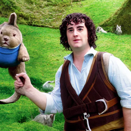 Prompt: clean shaven pudgy British lad with short curly dark brown hair as a hobbit wearing a white men's crossbody sling chest bag and blue vest standing next to a giant rabbit, blue vest! high resolution film still, movie by Peter Jackson