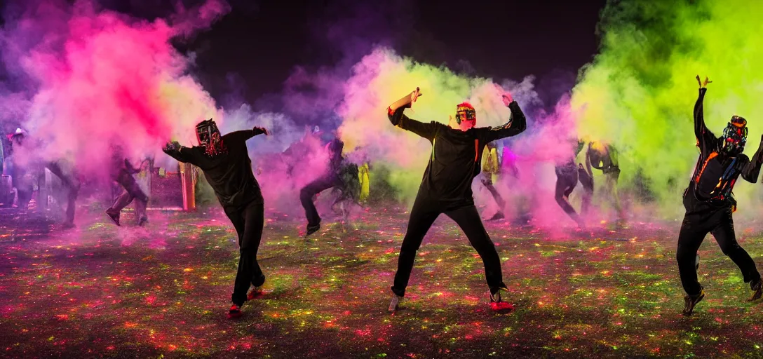 Prompt: a man dancing in the middle of a paintball arena, smoke, colorful, lights, night, uhd, 8k photo,
