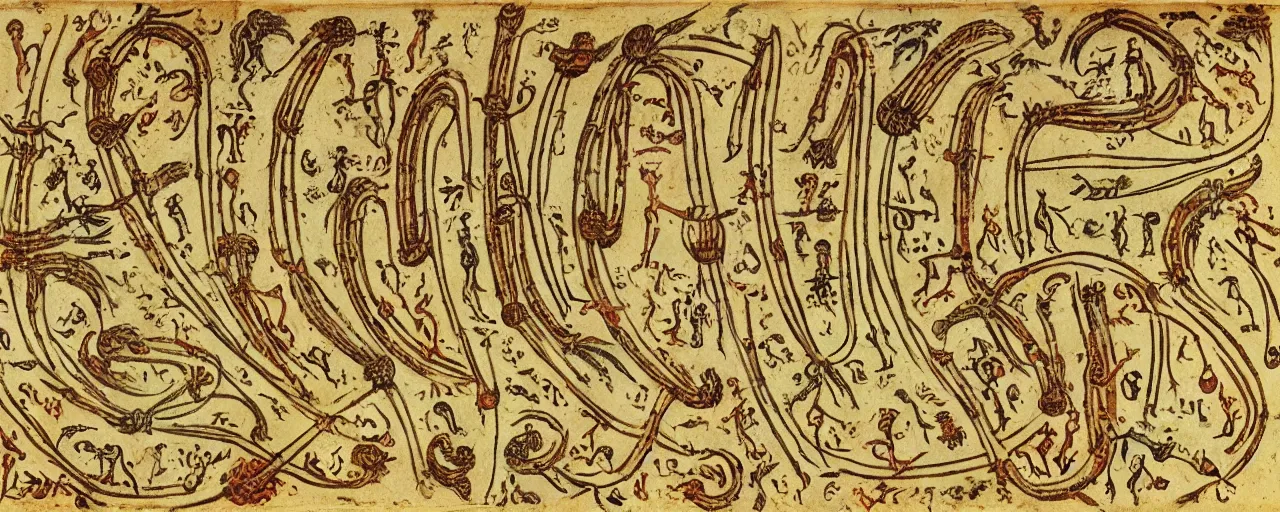 Image similar to ancient book with pictographs of spaghetti, in the style of the voynich manuscript, fine detail,