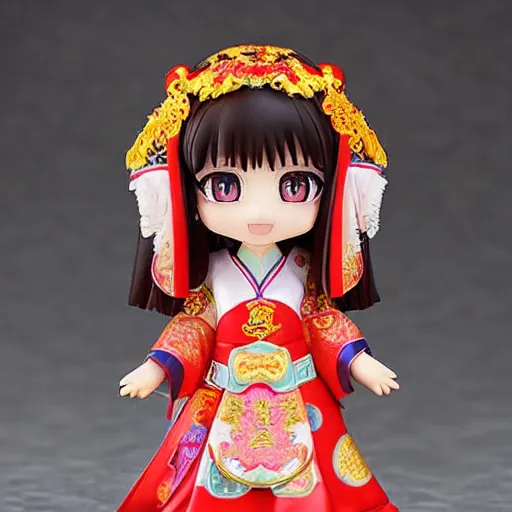 Prompt: cute and gorgeous asian girl in a pretty intricate chinese dress, beautiful symmetrical eyes, nendoroid face symmetry