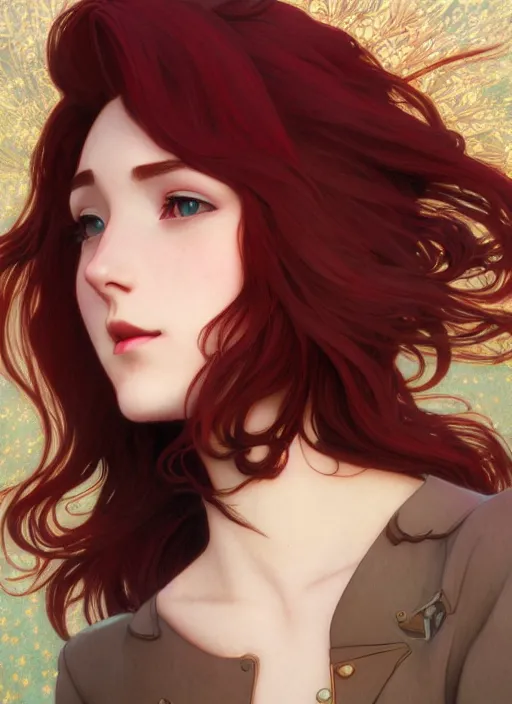 Image similar to pretty young woman with shoulder length shiny shimmering dark red hair and wearing leather suit, path traced, highly detailed, high quality, digital painting, by studio ghibli and alphonse mucha, leesha hannigan, makoto shinkai, disney