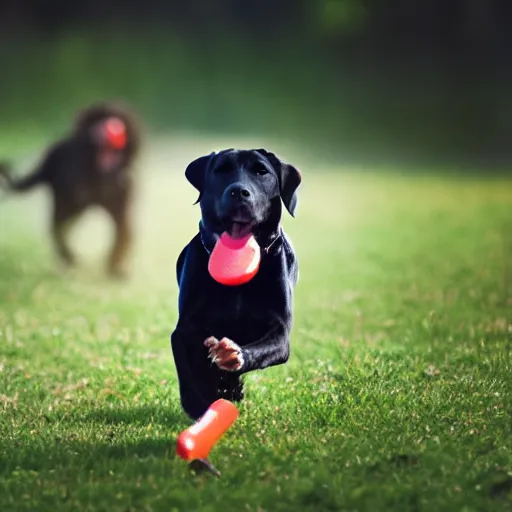 Image similar to black lab chasing a stick through a field of hotdogs, golden hour, very detailed, 4 k