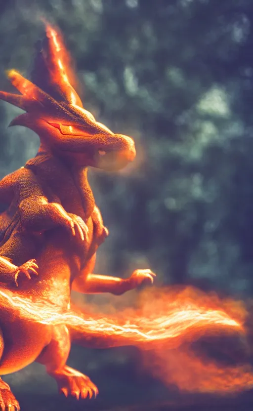 Image similar to a photograph of a realistic charizard, photography, highly detailed, depth of field, bokeh, volumetric fog