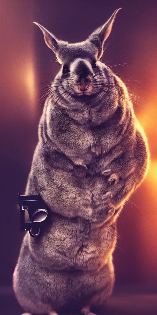 Image similar to cinematic shot chinchilla holding a pistol, hyper realistic, mood lighting, fantasy, detailed face, highly detailed, super realistic, perfect lighting pixel sorting