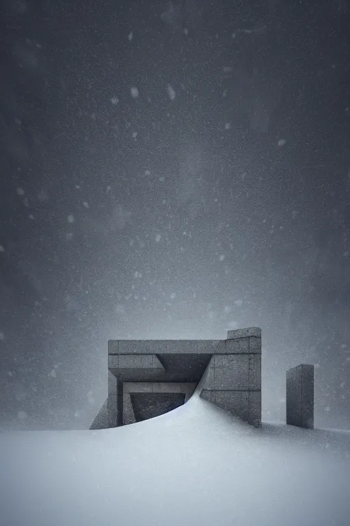 Prompt: sci - fi concrete brutalist architecture in the italian dolomites, snowfall, rutkowski, zaha hadid, beksinski, oil painting, photoreal, highly detailed, 8 k, hd, vray, artstation, cinematic matte painting, soft pastl sunset, extreme detail photo quality, dark moody colors, featured on behance