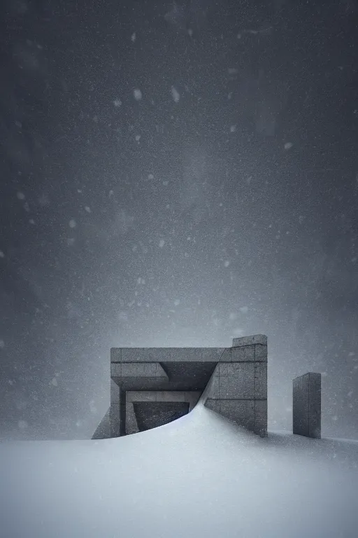 Image similar to sci - fi concrete brutalist architecture in the italian dolomites, snowfall, rutkowski, zaha hadid, beksinski, oil painting, photoreal, highly detailed, 8 k, hd, vray, artstation, cinematic matte painting, soft pastl sunset, extreme detail photo quality, dark moody colors, featured on behance