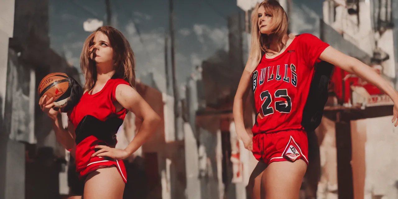 Prompt: attractive woman in bulls jersey and short shorts, high contrast, high saturation cinematic film still