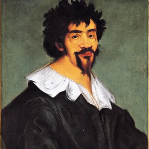 Prompt: dark skinned sly man with low cut short black hair, dressed in loose casual fantasy clothes, by Frans Hals