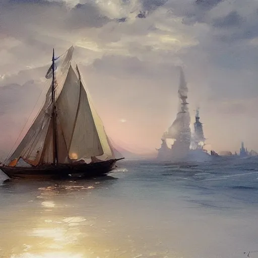Prompt: oil painting of boat with translucent sail, backlit ship, details, decorative, art by anders zorn, wonderful masterpiece by greg rutkowski, beautiful cinematic light, american romanticism by greg manchess, creation by tyler edlin