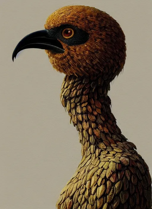 Prompt: rpg! profile! portrait of humanoid bird on white background, beak, feathers, fully clothed, fungus, intricate, highly detailed, digital painting, artstation, concept art, smooth, sharp focus, illustration, art by norman rockwell emiliano ponzi andrey remnev yoann lossel aaron jasinski, 8 k
