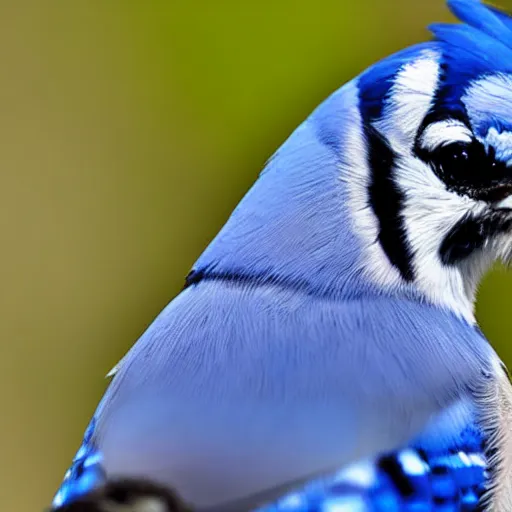 Image similar to photograph of a bluejay staring directly into the camera