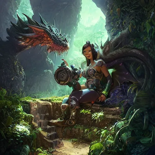 Prompt: Portrait of Cute little Dragon with steampunk glasses and gadgets resting in a cave, natural light, lush plants and flowers, elegant, intricate, fantasy, atmospheric lighting, by Greg rutkowski, league of legends splash art