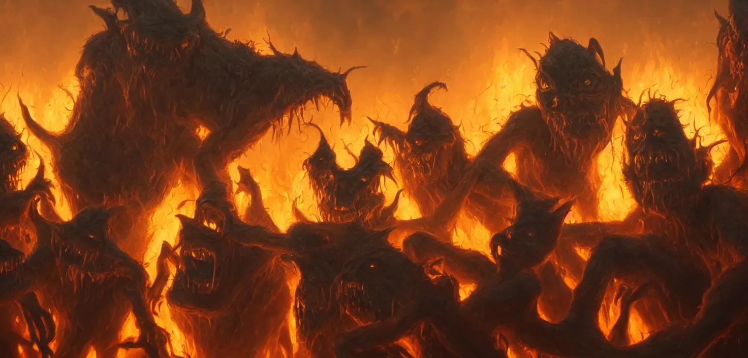 Image similar to oil matte painting, closeup portrait of ugly creepy goblins dancing around a bonfire at ba rave cheering dancing beautiful cinematic light deep focus, elegant, digital painting, smooth, sharp focus, golden ratio, dramatic illumination, ultra realistic, 8 k, art by greg rutkowski wlop rossdraws