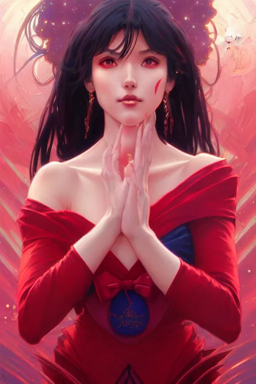 Image similar to sailor mars, fantasy, intricate, elegant, highly detailed, digital painting, artstation, concept art, matte, sharp focus, illustration, art by Artgerm and Greg Rutkowski and Alphonse Mucha