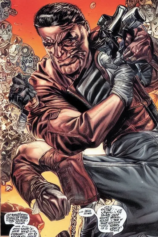 Prompt: ultra violent comic book cover of a contract killer named cobalt. he wear a brown leather jacket and a white shirt. he has a prominent scar up the side of his face. art by glenn fabry.