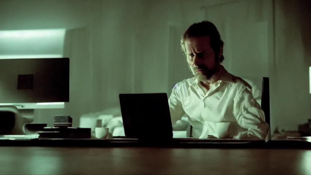 Image similar to Using Stable Diffusion for the first time and staying up way past your bedtime, man bleary eyed at a computer, film still from the movie directed by Denis Villeneuve with art direction by Salvador Dalí, wide lens