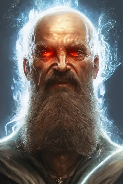 Image similar to old man looks like wizard sorcerer magician warlock spell-caster, fire particles, darkness, diablo digital concept art, artwork by Tyler Edlin + Simon Bisley, artstation, very detailed facial structure, long beard, 8k