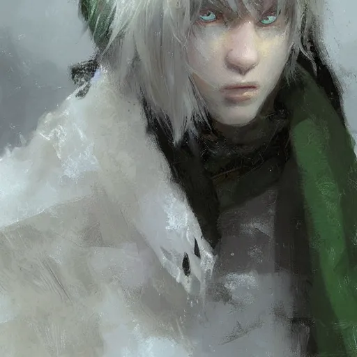 Image similar to a 14 year old teenage boy ghost with white hair and green eyes. White breath showing in the cold air. He is shivering from the cold. Sakimichan Repin. By Craig Mullins