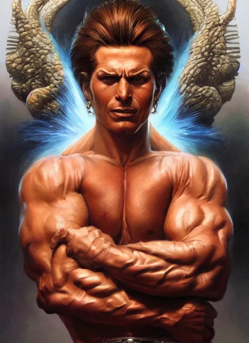 Image similar to a magical portrait of the god of strength, art by boris vallejo and greg danton and denys tsiperko, detailed, hyperrealism, artstation