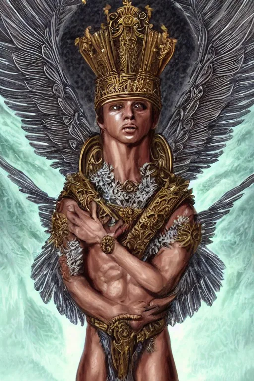 Image similar to a Chihuahua God with a radiant halo and wings, detailed face, gorgeous, flowing hair, very muscular male body, partial anatomy, stormy and grand war scene, delicate and intricate borders for decoration, caesar victorious, proud Emperor, split lighting, character close-up, intricate, highly detailed, 8K, digital painting, fantasy, concept art, sharp focus, art by greg rutkowski beeple and alphonse mucha