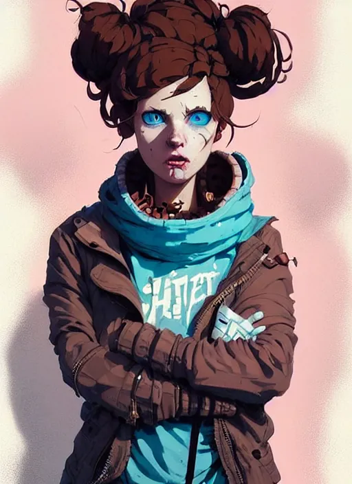 Image similar to highly detailed portrait of a sewer punk lady, blue eyes, tartan hoody, ringlet hair by atey ghailan, by greg rutkowski, by greg tocchini, by james gilleard, by joe fenton, by kaethe butcher, gradient pink, brown, light blue and white color scheme, grunge aesthetic!!! ( ( graffiti tag wall background ) )