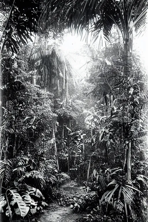 Image similar to alien buildings inside a jungle, black and white photography, year 1 9 0 0