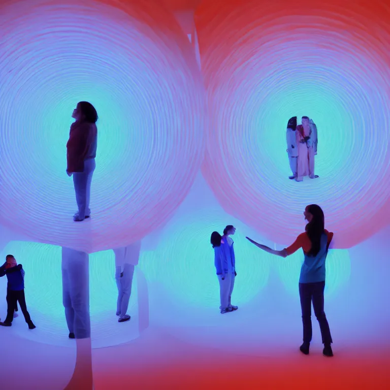 Prompt: conceptual artist performance of'blue and orange'gradient pattern colors light projection onto a convex mirror and a few giant human torsos in a cramped art gallery by james turrell, high contrast hyperrealism trending on arstation 8 k