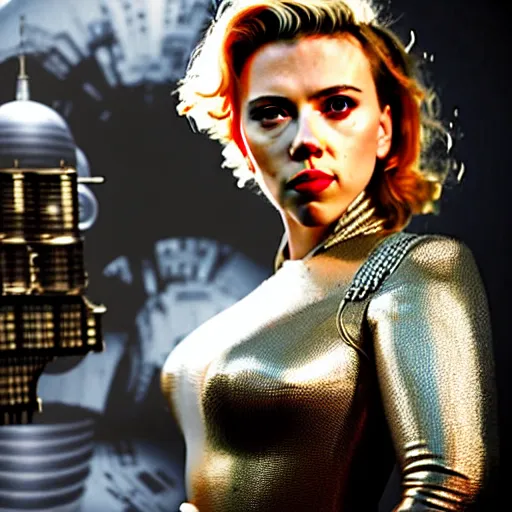 Image similar to scarlett johansson in a space age metallic steampunk steam - powered city with pipework and electrical wiring around the outside, professional photography, 8 0 mm telephoto lens, realistic, detailed, photorealistic, photojournalism