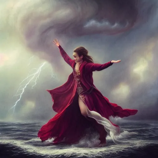 Image similar to emma watson bowing before a hurricane, summoning a storm to wipe louisiana off the map, dramatic sorcery, stormcaller, art by tom bagshaw