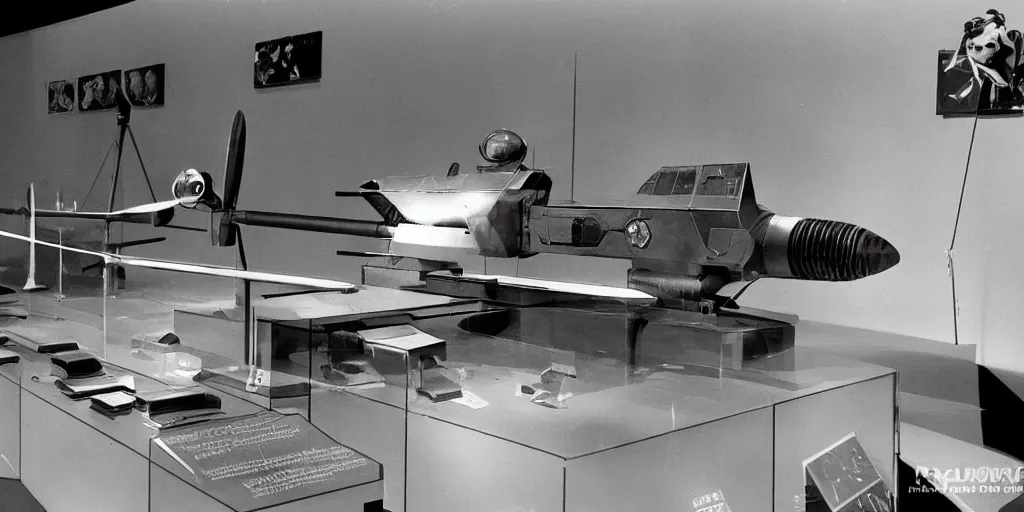 Image similar to museum display of ww 2 space laser weapons, archive photograph, 1 9 5 0's, sci - fi