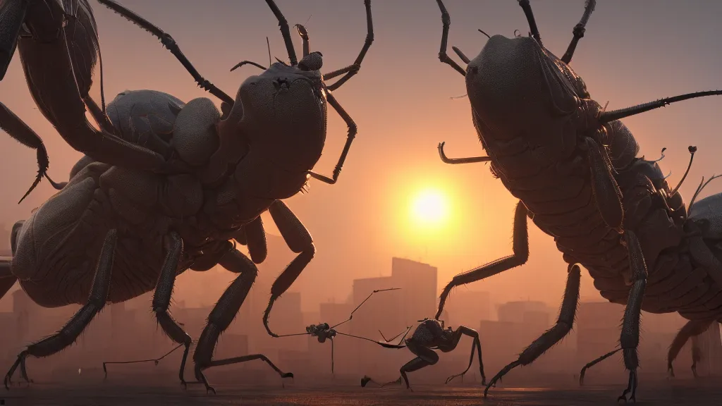 Image similar to giant insects terrorize a town, close up hyperdetailed, artstation, cgsociety, golden hour 8k